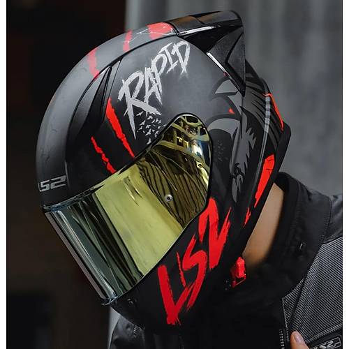 LS2 RAPID 2 RACE RAVEN MAT SYAH-KIRMIZI KAPALI MOTOSKLET KASKI GOLD CAMLI