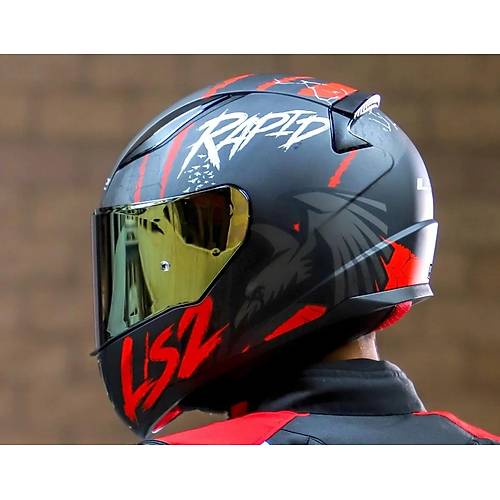 LS2 RAPID 2 RAVEN MAT SYAH-KIRMIZI KAPALI MOTOSKLET KASKI GOLD CAMLI
