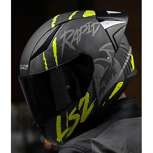 LS2 RAPID 2 RACE RAVEN MAT SYAH-GR-NEON SARI KAPALI MOTOSKLET KASKI SYAH  CAMLI