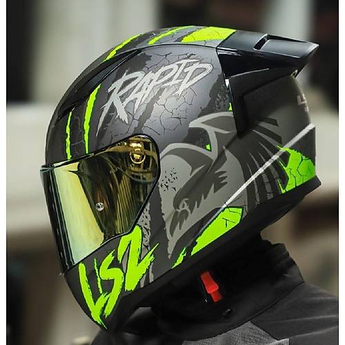 LS2 RAPID 2 RACE RAVEN MAT SYAH-GR-NEON SARI KAPALI MOTOSKLET KASKI GOLD  CAMLI