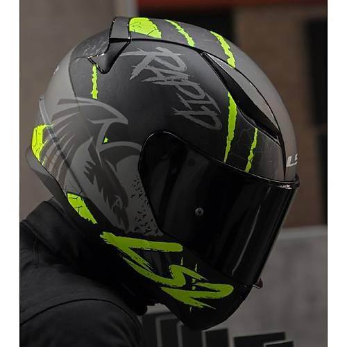 LS2 RAPID 2 RAVEN MAT SYAH-GR-NEON SARI KAPALI MOTOSKLET KASKI SYAH CAMLI