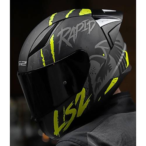 LS2 RAPID 2 RACE RAVEN MAT SYAH-GR-NEON SARI KAPALI MOTOSKLET KASKI SYAH  CAMLI