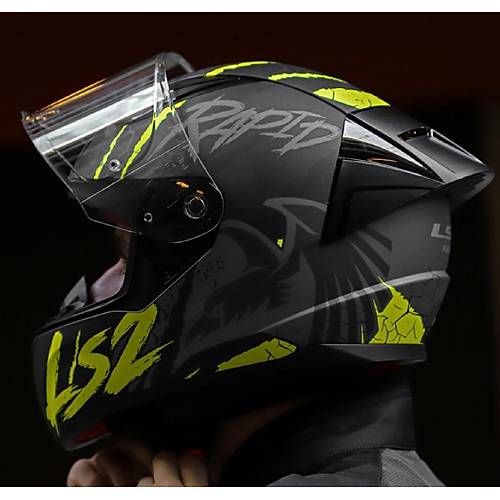 LS2 RAPID 2 RACE RAVEN MAT SYAH-GR-NEON SARI KAPALI MOTOSKLET KASKI EFFAF  CAMLI