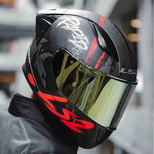 LS2 RAPID 2 RACE RAVEN MAT SYAH-KIRMIZI KAPALI MOTOSKLET KASKI GOLD CAMLI