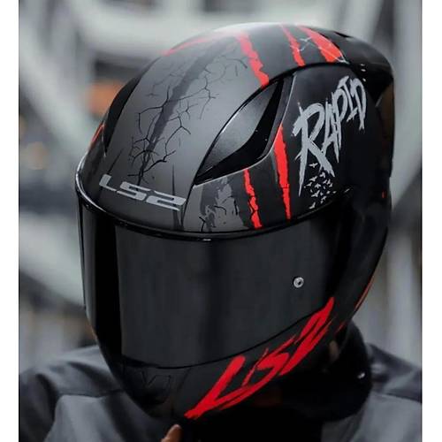 LS2 RAPID 2 RACE RAVEN MAT SYAH-KIRMIZI KAPALI MOTOSKLET KASKI SYAH  CAMLI