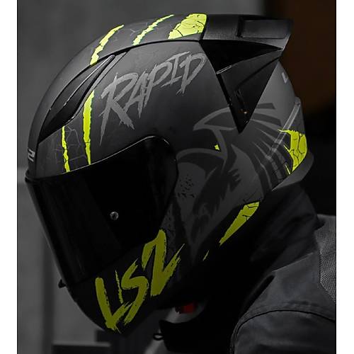 LS2 RAPID 2 RACE RAVEN MAT SYAH-GR-NEON SARI KAPALI MOTOSKLET KASKI SYAH  CAMLI