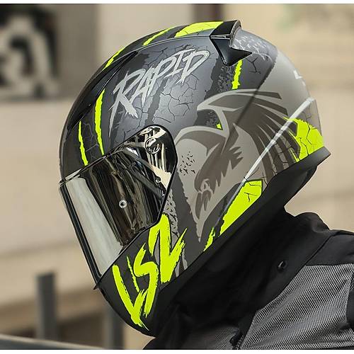 LS2 RAPID 2 RAVEN MAT SYAH-GR-NEON SARI KAPALI MOTOSKLET KASKI GR CAMLI