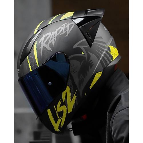 LS2 RAPID 2 RACE RAVEN MAT SYAH-GR-NEON SARI KAPALI MOTOSKLET KASKI MAV CAMLI