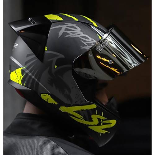 LS2 RAPID 2 RACE RAVEN MAT SYAH-GR-NEON SARI KAPALI MOTOSKLET KASKI GR CAMLI