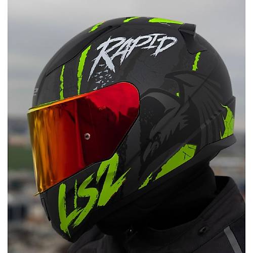 LS2 RAPID 2 RAVEN MAT SYAH-GR-NEON SARI KAPALI MOTOSKLET KASKI KIRMIZI  CAMLI