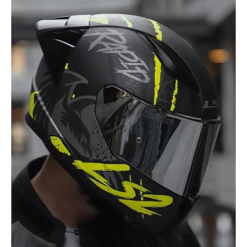 LS2 RAPID 2 RACE RAVEN MAT SYAH-GR-NEON SARI KAPALI MOTOSKLET KASKI GR CAMLI