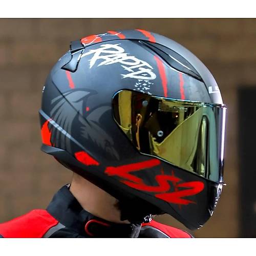 LS2 RAPID 2 RAVEN MAT SYAH-KIRMIZI KAPALI MOTOSKLET KASKI GOLD CAMLI