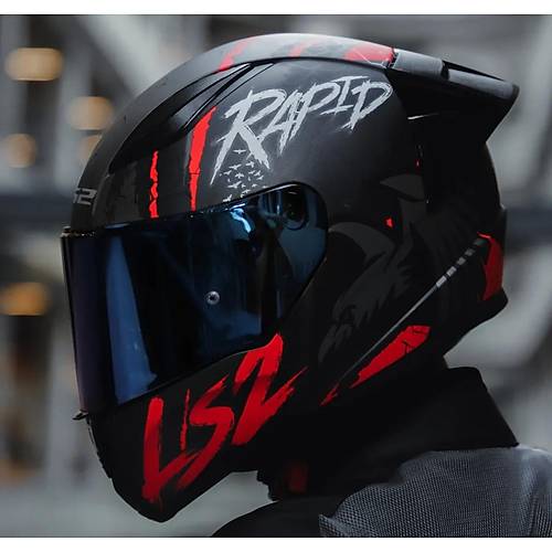 LS2 RAPID 2 RACE RAVEN MAT SYAH-KIRMIZI KAPALI MOTOSKLET KASKI MAV CAMLI
