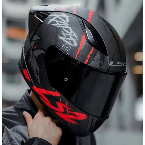 LS2 RAPID 2 RACE RAVEN MAT SYAH-KIRMIZI KAPALI MOTOSKLET KASKI SYAH  CAMLI