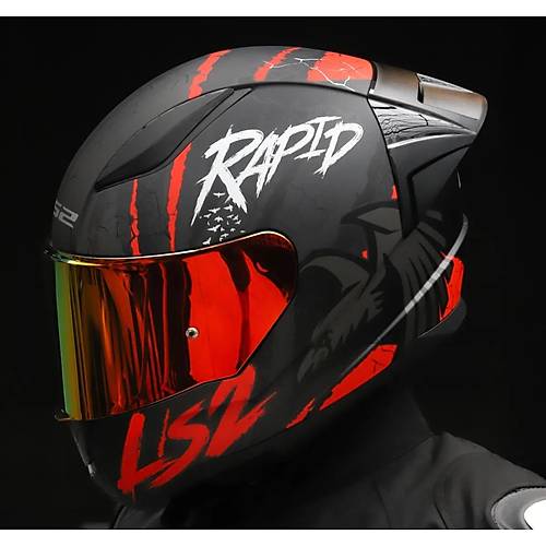 LS2 RAPID 2 RACE RAVEN MAT SYAH-KIRMIZI KAPALI MOTOSKLET KASKI KIRMIZI CAMLI