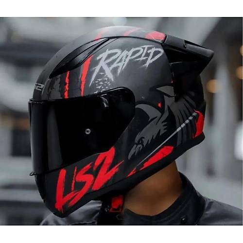 LS2 RAPID 2 RACE RAVEN MAT SYAH-KIRMIZI KAPALI MOTOSKLET KASKI SYAH  CAMLI