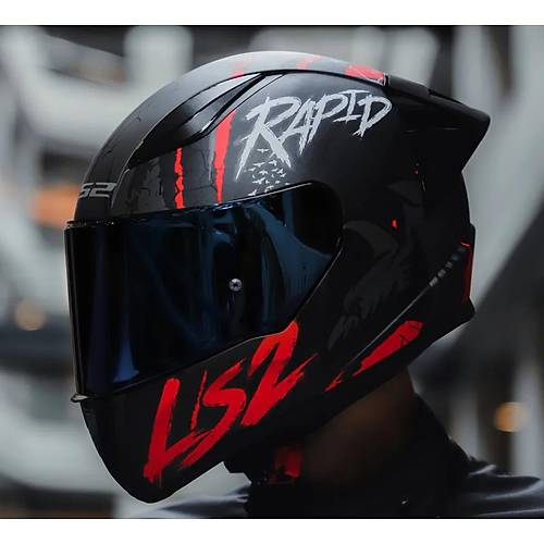 LS2 RAPID 2 RACE RAVEN MAT SYAH-KIRMIZI KAPALI MOTOSKLET KASKI MAV CAMLI