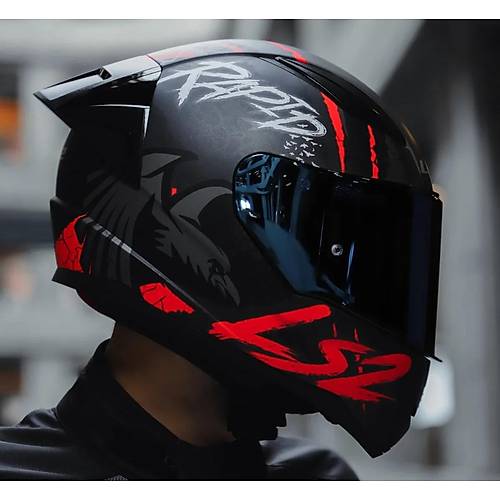 LS2 RAPID 2 RACE RAVEN MAT SYAH-KIRMIZI KAPALI MOTOSKLET KASKI MAV CAMLI