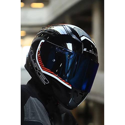 LS2 Rapid 2 Extra Beyaz-K�rm�z� Kapal� Motosiklet Kask� Mavi Caml�