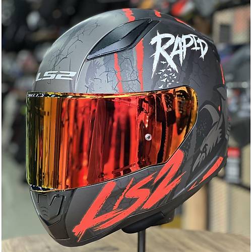 LS2 RAPID 2 RAVEN MAT SYAH-KIRMIZI KAPALI MOTOSKLET KASKI KIRMIZI CAMLI