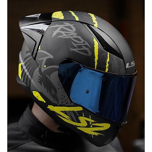 LS2 RAPID 2 RACE RAVEN MAT SYAH-GR-NEON SARI KAPALI MOTOSKLET KASKI MAV CAMLI