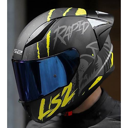 LS2 RAPID 2 RACE RAVEN MAT SYAH-GR-NEON SARI KAPALI MOTOSKLET KASKI MAV CAMLI