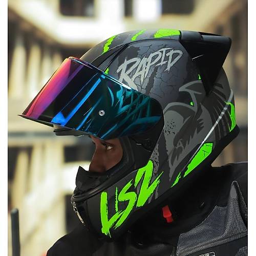 LS2 RAPID 2 RACE RAVEN MAT SYAH-GR-NEON SARI KAPALI MOTOSKLET KASKI GKKUAI CAMLI