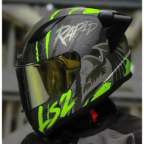LS2 RAPID 2 RACE RAVEN MAT SYAH-GR-NEON SARI KAPALI MOTOSKLET KASKI GOLD  CAMLI
