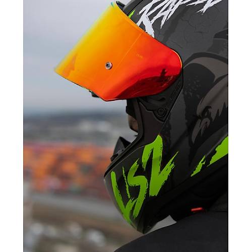 LS2 RAPID 2 RAVEN MAT SYAH-GR-NEON SARI KAPALI MOTOSKLET KASKI KIRMIZI  CAMLI