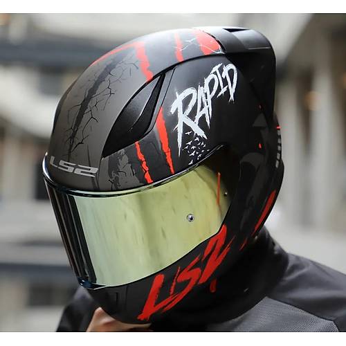 LS2 RAPID 2 RACE RAVEN MAT SYAH-KIRMIZI KAPALI MOTOSKLET KASKI GOLD CAMLI