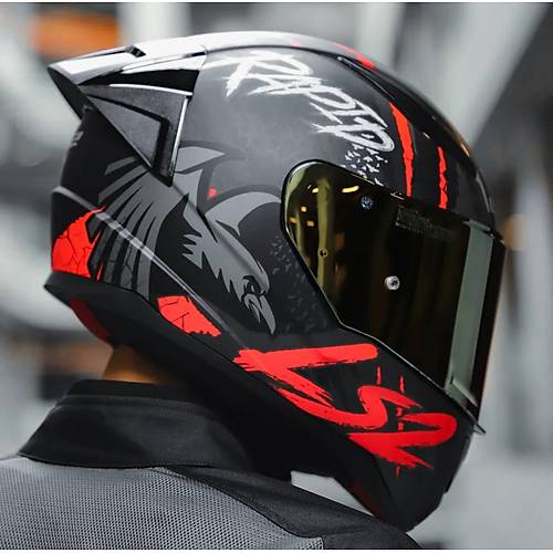 LS2 RAPID 2 RACE RAVEN MAT SYAH-KIRMIZI KAPALI MOTOSKLET KASKI GOLD CAMLI