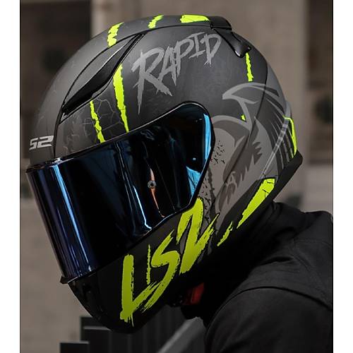 LS2 RAPID 2 RAVEN MAT SYAH-GR-NEON SARI KAPALI MOTOSKLET KASKI MAV CAMLI