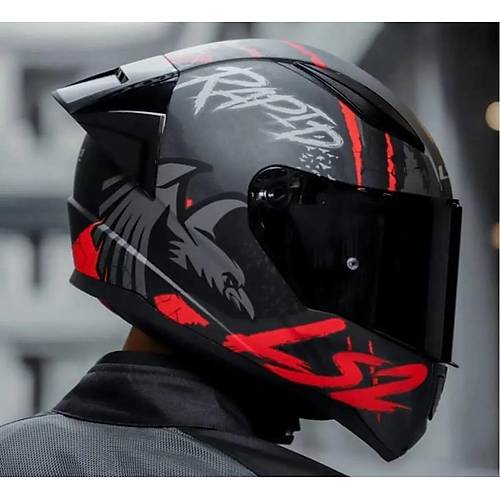 LS2 RAPID 2 RACE RAVEN MAT SYAH-KIRMIZI KAPALI MOTOSKLET KASKI SYAH  CAMLI