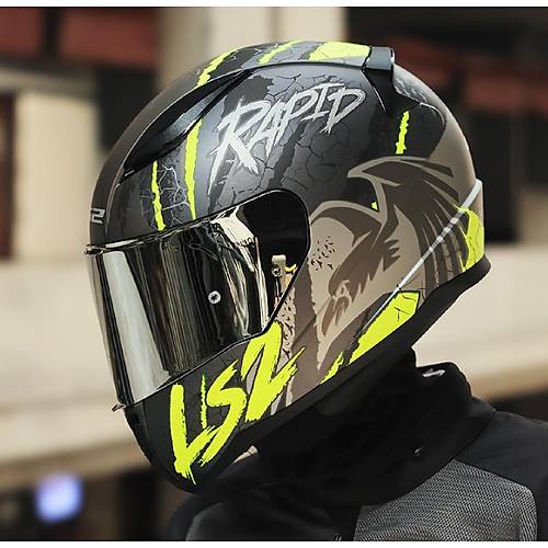 LS2 RAPID 2 RAVEN MAT SYAH-GR-NEON SARI KAPALI MOTOSKLET KASKI GR CAMLI