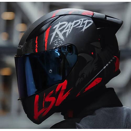 LS2 RAPID 2 RACE RAVEN MAT SYAH-KIRMIZI KAPALI MOTOSKLET KASKI MAV CAMLI