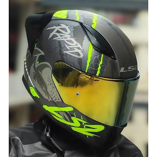 LS2 RAPID 2 RACE RAVEN MAT SYAH-GR-NEON SARI KAPALI MOTOSKLET KASKI GOLD  CAMLI