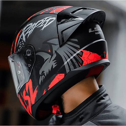 LS2 RAPID 2 RACE RAVEN MAT SYAH-KIRMIZI KAPALI MOTOSKLET KASKI EFFAF  CAMLI