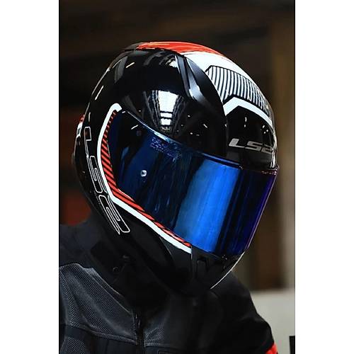 LS2 Rapid 2 Extra Beyaz-K�rm�z� Kapal� Motosiklet Kask� Mavi Caml�