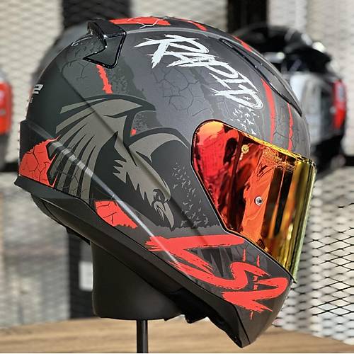 LS2 RAPID 2 RAVEN MAT SYAH-KIRMIZI KAPALI MOTOSKLET KASKI KIRMIZI CAMLI