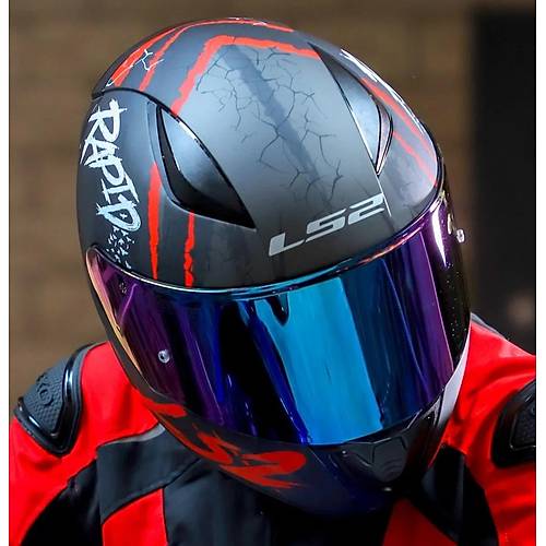 LS2 RAPID 2 RAVEN MAT SYAH-KIRMIZI KAPALI MOTOSKLET KASKI GKKUAI CAMLI