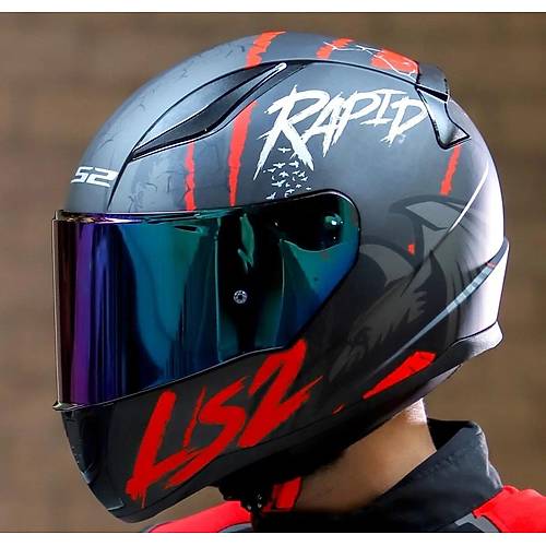 LS2 RAPID 2 RAVEN MAT SYAH-KIRMIZI KAPALI MOTOSKLET KASKI GKKUAI CAMLI