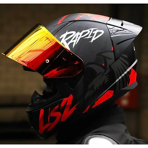 LS2 RAPID 2 RACE RAVEN MAT SYAH-KIRMIZI KAPALI MOTOSKLET KASKI KIRMIZI CAMLI