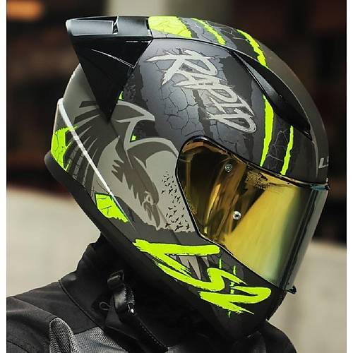 LS2 RAPID 2 RACE RAVEN MAT SYAH-GR-NEON SARI KAPALI MOTOSKLET KASKI GOLD  CAMLI