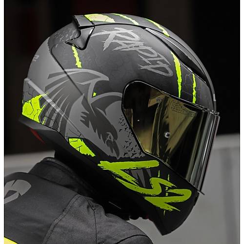 LS2 RAPID 2 RAVEN MAT SYAH-GR-NEON SARI KAPALI MOTOSKLET KASKI GOLD CAMLI