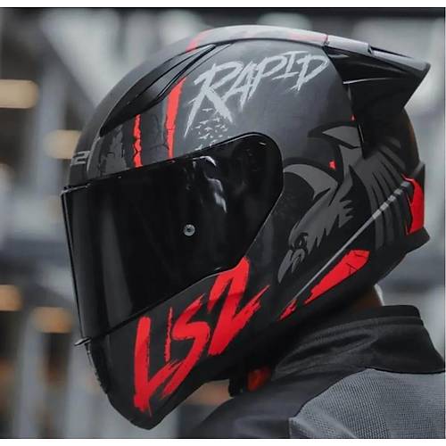 LS2 RAPID 2 RACE RAVEN MAT SYAH-KIRMIZI KAPALI MOTOSKLET KASKI SYAH  CAMLI