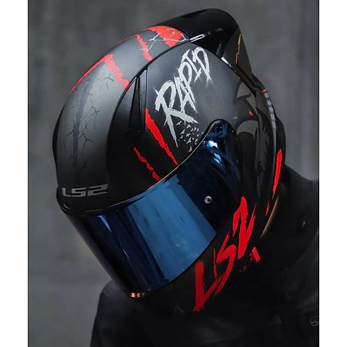 LS2 RAPID 2 RACE RAVEN MAT SYAH-KIRMIZI KAPALI MOTOSKLET KASKI MAV CAMLI