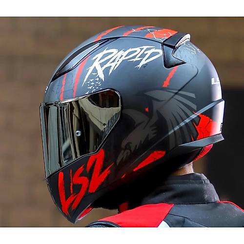 LS2 RAPID 2 RAVEN MAT SYAH-KIRMIZI KAPALI MOTOSKLET KASKI GR CAMLI