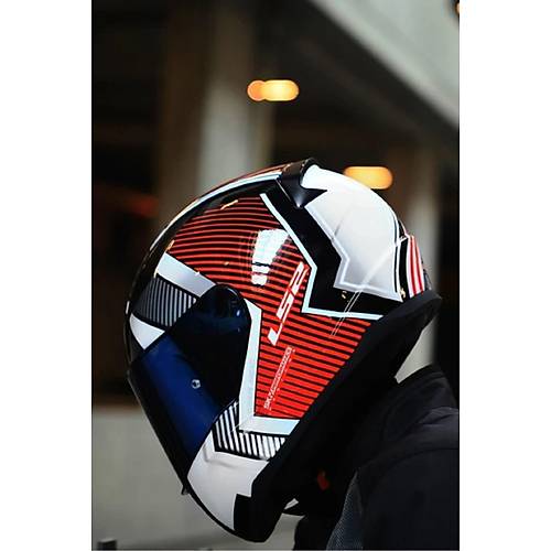 LS2 Rapid 2 Extra Beyaz-K�rm�z� Kapal� Motosiklet Kask� Mavi Caml�