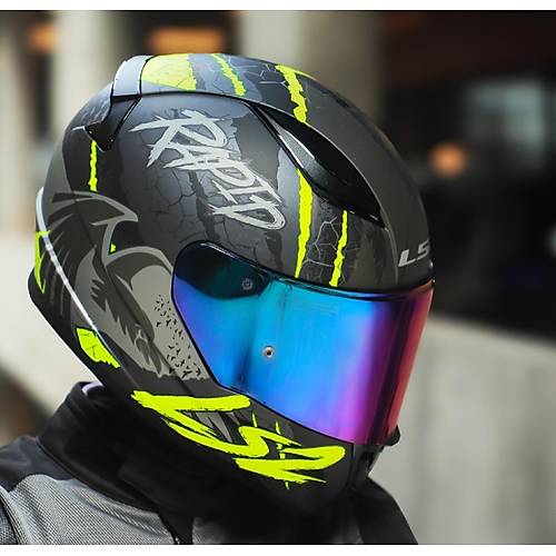 LS2 RAPID 2 RAVEN MAT SYAH-GR-NEON SARI KAPALI MOTOSKLET KASKI GKKUAI CAMLI