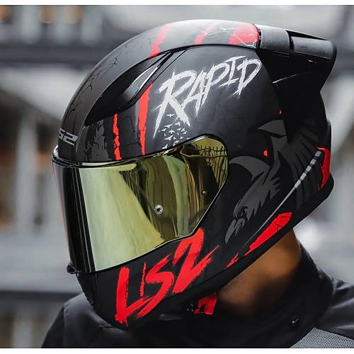 LS2 RAPID 2 RACE RAVEN MAT SYAH-KIRMIZI KAPALI MOTOSKLET KASKI GOLD CAMLI
